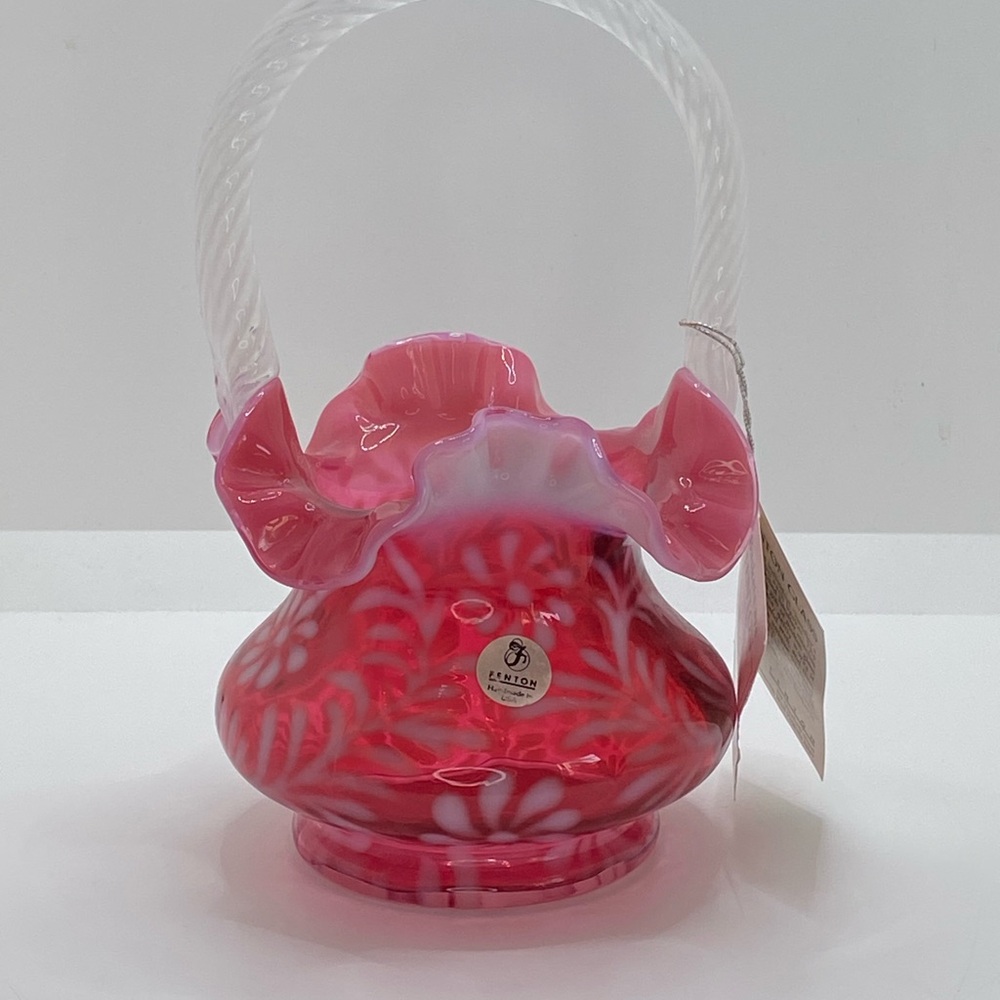 Fenton Cranberry Red Fern and Daisy Basket Clear Twisted Glass Rope Handle 8.5"